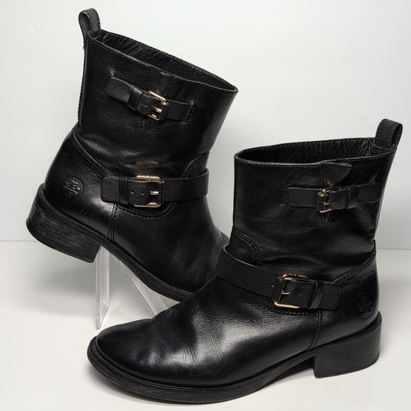 Tory Burch Bennie Black Combat Moto Boots with Buckle Straps womans size 7.5 - Picture 10 of 16
